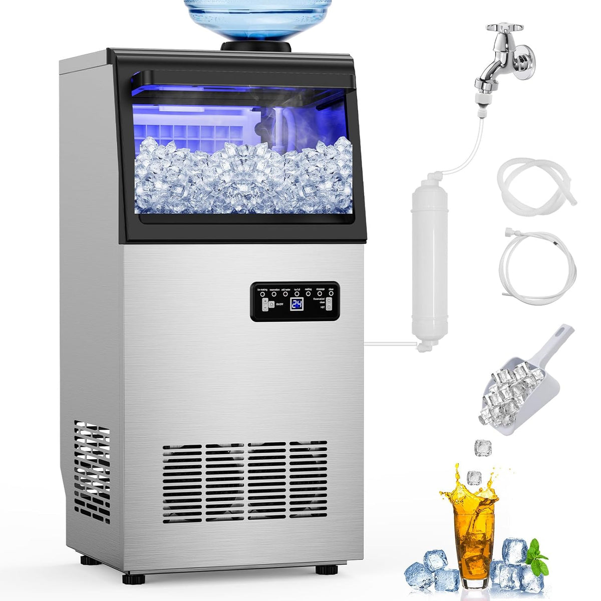 Commercial Ice Maker Machine 110 LBS/24H, 36 Ice Trays Freestanding & Undercounter Ice Machine Stainless Steel with 20 LBS Ice Storage Capacity, Ice Maker with Water Line and Filter, Dual Water Inlet
