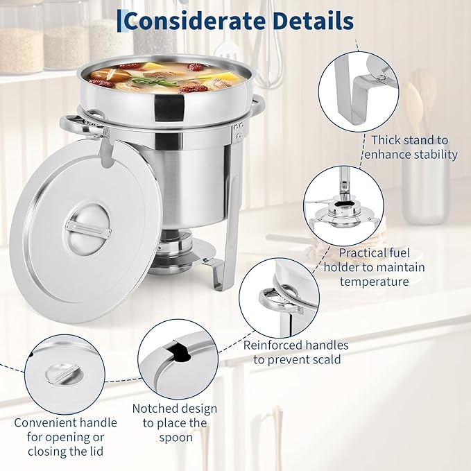 GarveeHome 7QT Soup Chafer Set of 4, Stainless Steel Round Soup Warmer with Pot, Notched Lids & Fuel Holders, Commercial Food Warmer for Buffets, Events and Party Service