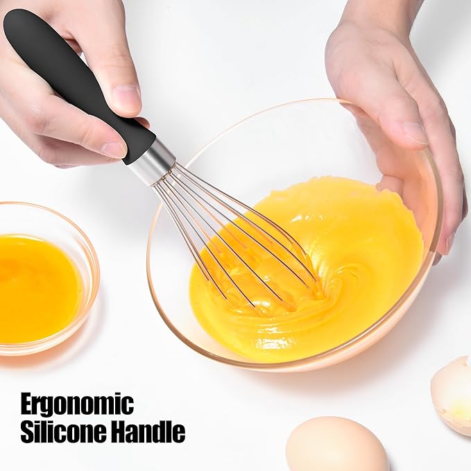 18/8 Stainless Steel Balloon Whisk, Doosu Kitchen Whisk for Cooking Handheld Egg Beater with Rust-Proof Sturdy Wires & Non-Slip Silicone Handle for Beating, Stirring, Blending (6 Wires, Black)