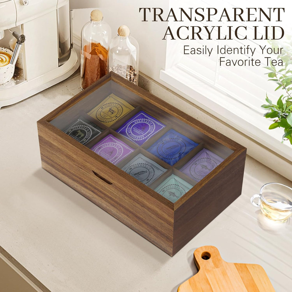 Acacia Wood Tea Bag Organizer, 8 Compartments Tea Box Organizer Storage Box, Teabag Holder Organizers with Clear Acrylic Window, Magnetic Lid and Removable Dividers