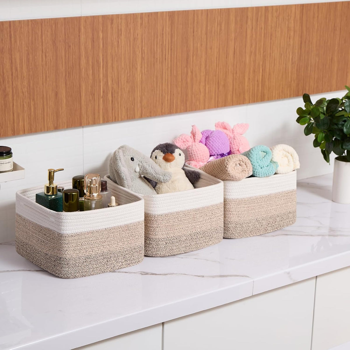 Small Organizing Baskets for Cubes Shelf, 9.7x9.7x7.1 Inch Rope Woven Storage Bins for Nursery Shelves Storage, Cute Toy Basket, Square 3 Packs Gradient Brown