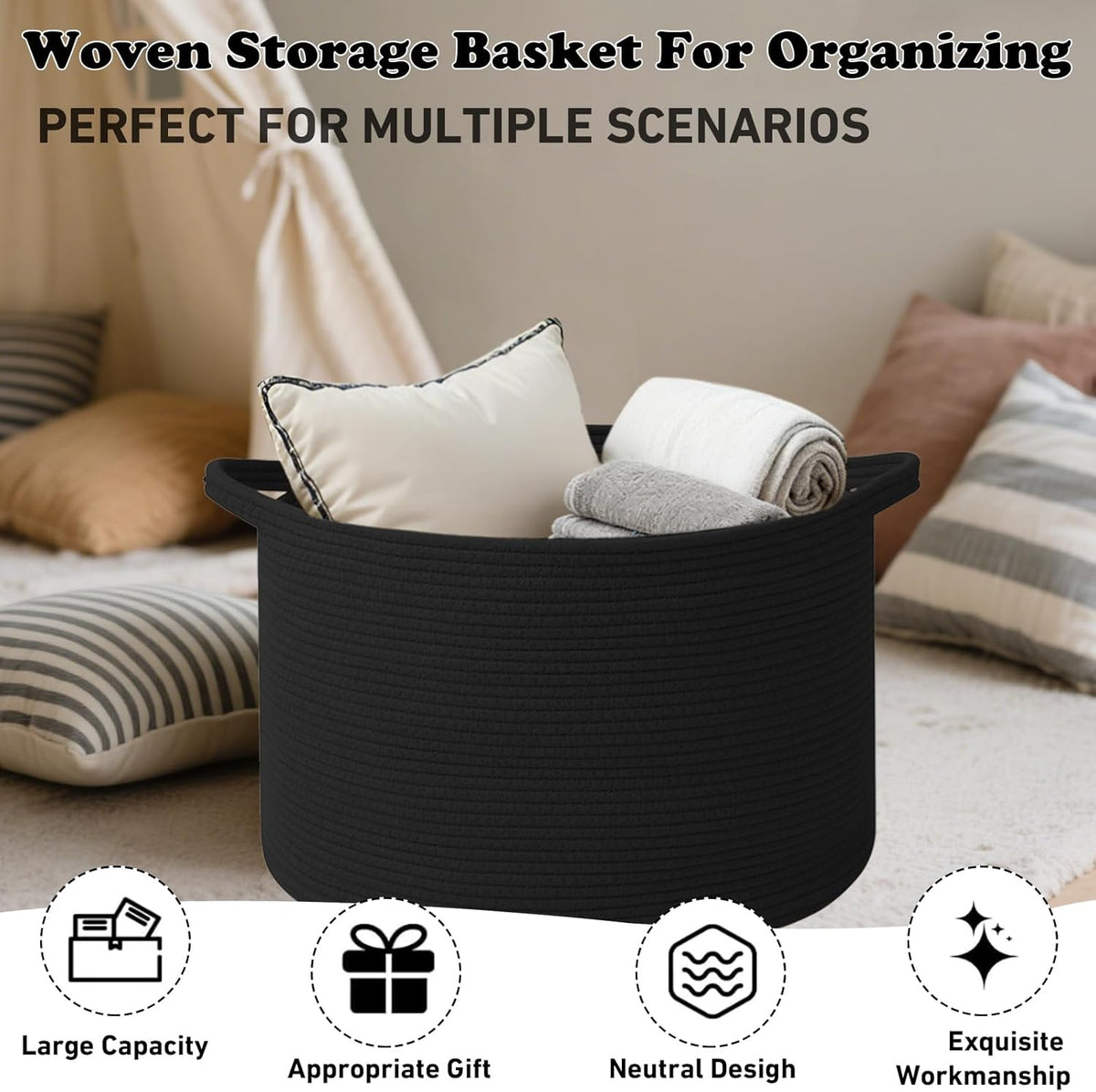 Large Blanket Basket for Organizing,65L Closet Organizers and Storage Bins Box for Shelves Woven Rope Storage Baskets,Living Room,Bedroom,Dorm,Laundry room (Black)