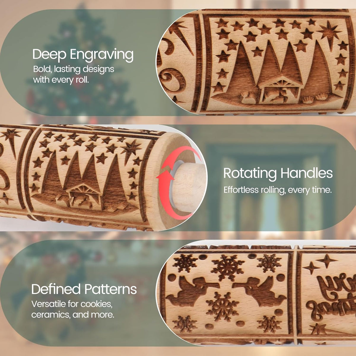 Christmas Embossed Rolling Pin for Baking Cookies Embossing Rolling Pins with Design Wooden Engraved Springerle Roller Pin Dough Patterned Clay Pottery Ceramic Bakers Women (Nativity Square Patterns)