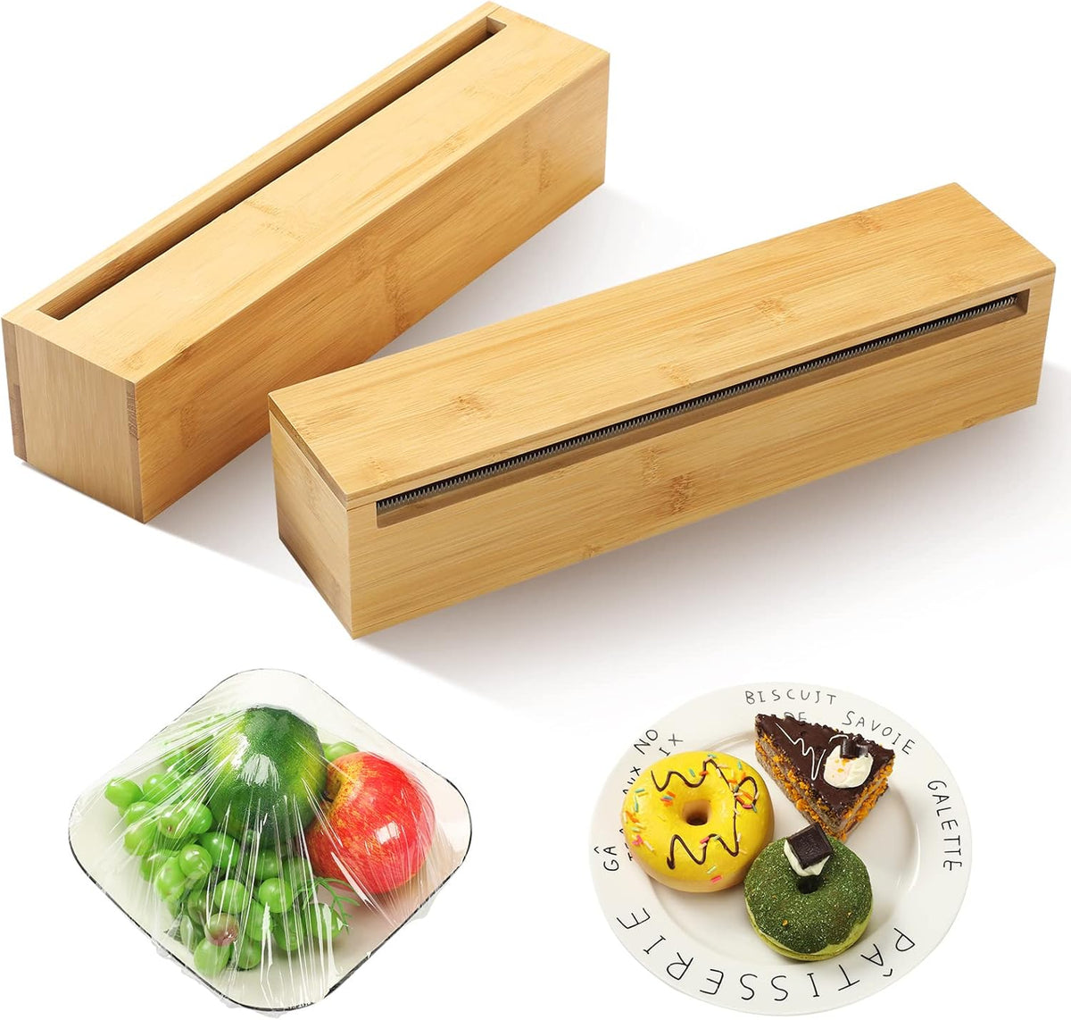 2 Pcs Foil and Plastic Wrap Organizer Plastic Wrap Dispenser Bamboo Wood Foil Dispenser with Cutter Aluminum Wax Paper Roll Organizer Holder for Kitchen