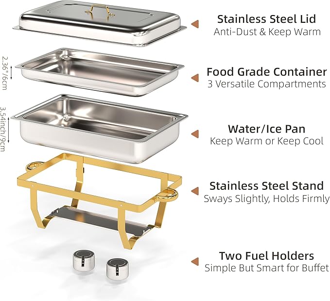 4 Pack Stainless Steel Chafing Dishes for Buffet, 9 QT Capacity 7 Pans Food Warmers for Parties, Weddings, Events Hosting, Family Gatherings, Full Set Catering Server with Serving Utensils Accessories