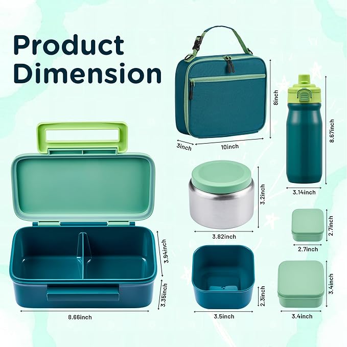 Bento Lunch Box for Kids With 8oz Thermo, Leakproof Bento Box with with 2 Compartments, Insulated Bottle, Lunch Bag, BPA Free Dishwasher Safe for School Girls Boys (Green)