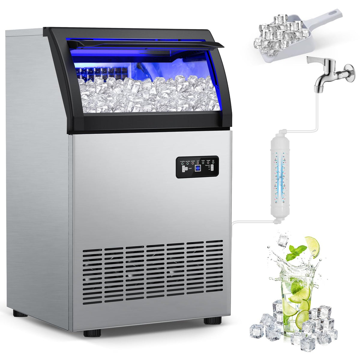 Commercial Ice Maker Machine 260Lbs/24H, 72pcs Ice Cubes Under Counter Ice Machine with Water Line and Filter, Freestanding Ice Maker Machine with 55Lbs Storage ice Bin for Home/Shop/Office/Bar