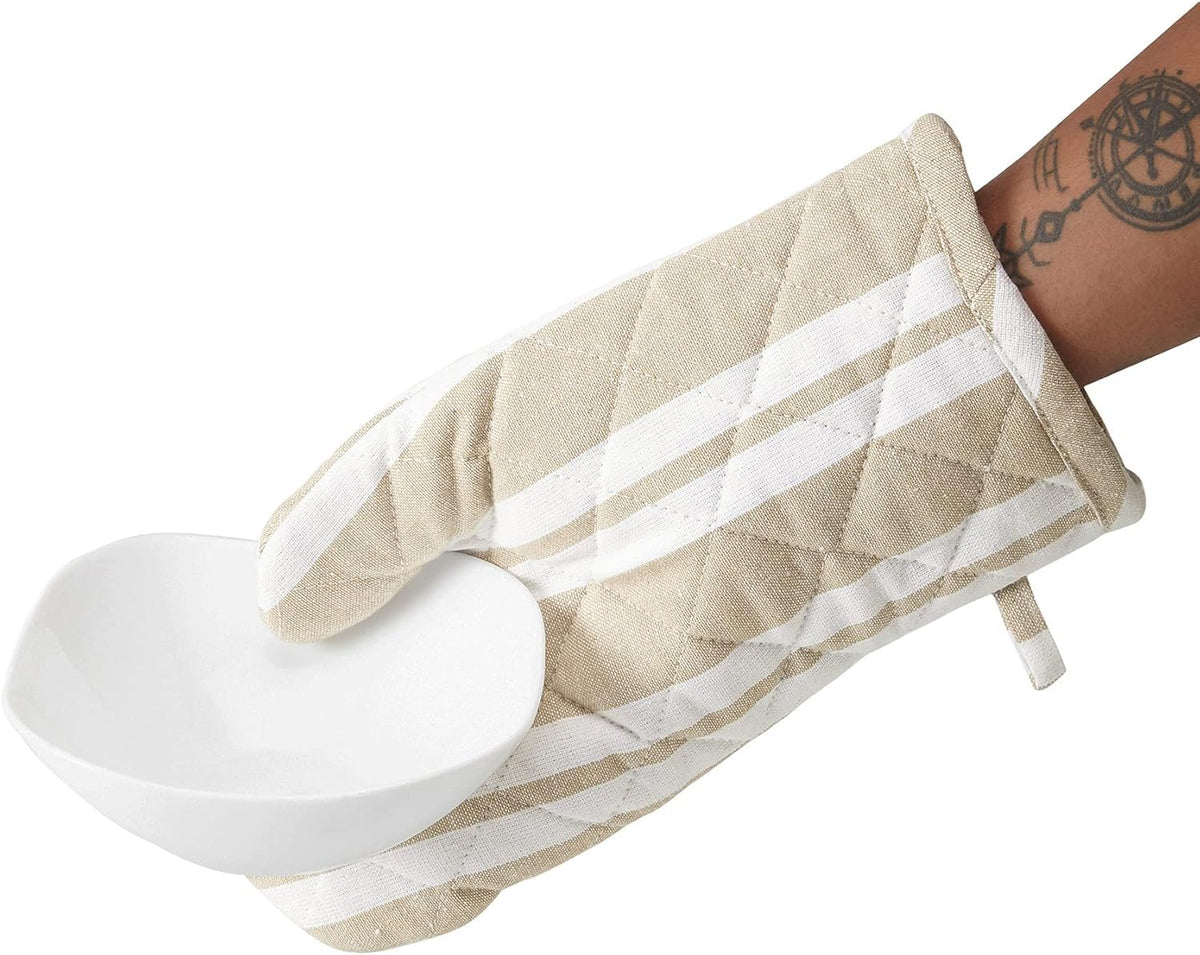 Encasa XO Long 12"x7" Oven Microwave Hand Gloves Mitts (2 pc Set) for Kitchen Cooking & Baking - Heat Resistant, Thick & Safe, Protection of Hands from Hot Utensils - Franca Beige Stripes