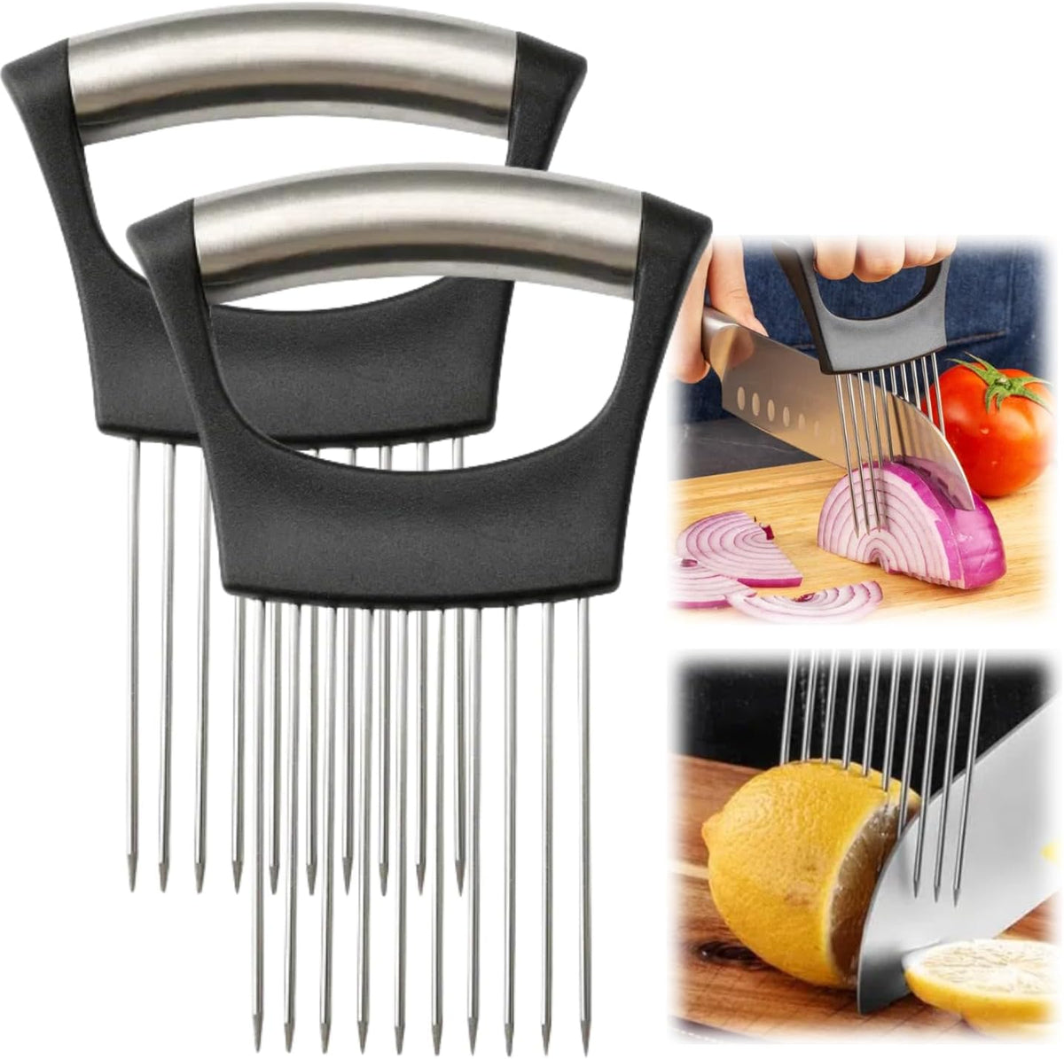 Onion Slice Holder, 2024 New Stainless Steel Holder for Slicing, Chopper Assistant Tool, Cutter for Meat, Onion, Potato, Tomato Kitchen Gadgets (Black, 2 Pack)