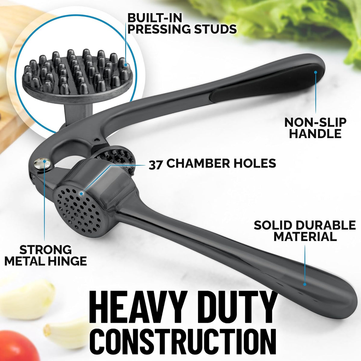 Zulay Kitchen Premium Garlic Press Set - Rust Proof & Dishwasher Safe Professional Garlic Mincer Tool - Easy-Squeeze, Easy-Clean with Soft, Ergonomic Handle - Silicone Garlic Peeler & Brush-Dark Gray