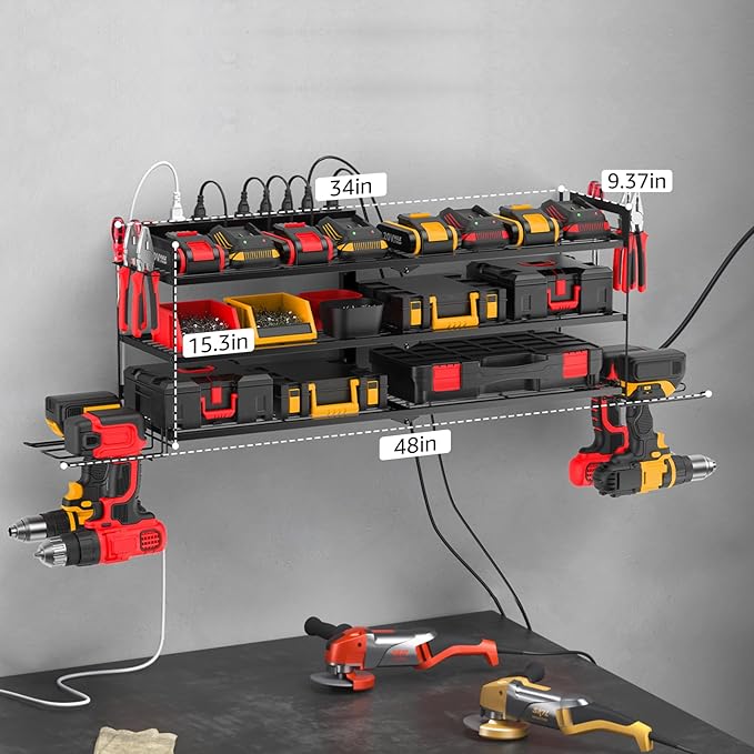 CCCEI Large Garage Tools Storage with Charging Station. Power Tool Battery Organizer Utility Shelf with Power Strip. 4 Drills Holder Wall Mount Rack, Black 3 Layer.