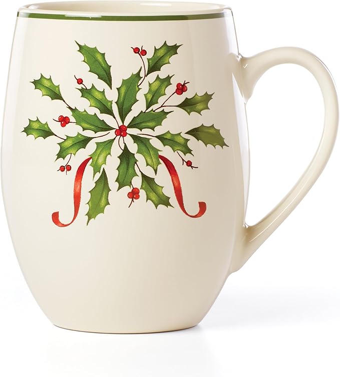 Lenox Coffee Mug, 18 Oz Holiday Cocoa Mug Set, Stoneware Material, Microwave and Dishwasher Safe, Christmas Holly Drinkware Set, Christmas Decorations, Holly Design (Red/Green, 18 Oz, 1 Piece)