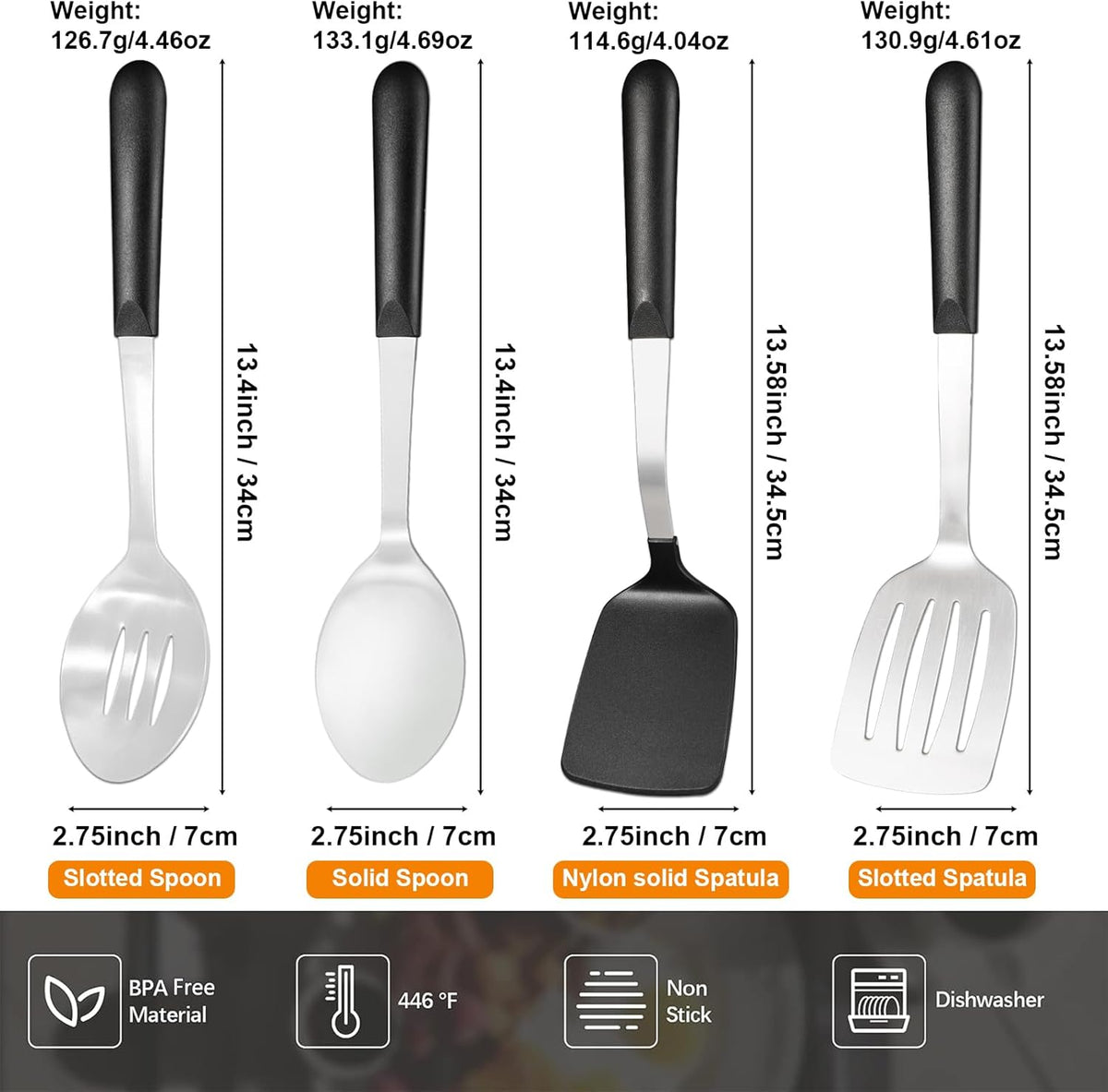 Stainless Steel Cooking Utensils Set, 4-piece Kitchen Utensil Set with PP Handles, Dishwasher Safe, Non-Stick and Heat Resistant, Spoons, Spatula for Cooking