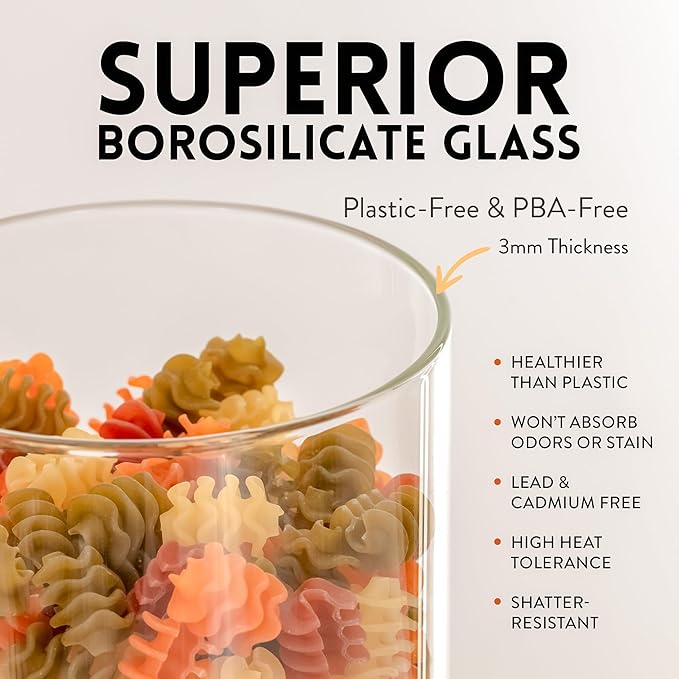 Glass Airtight Canisters with Silicone Lids – BPA-Free Borosilicate Containers for Food Prep, Storage, Wet or Dry Foods, Pasta, Rice, Flour, Tea, Herbs, Snacks – Set of 6 (17.5 oz)