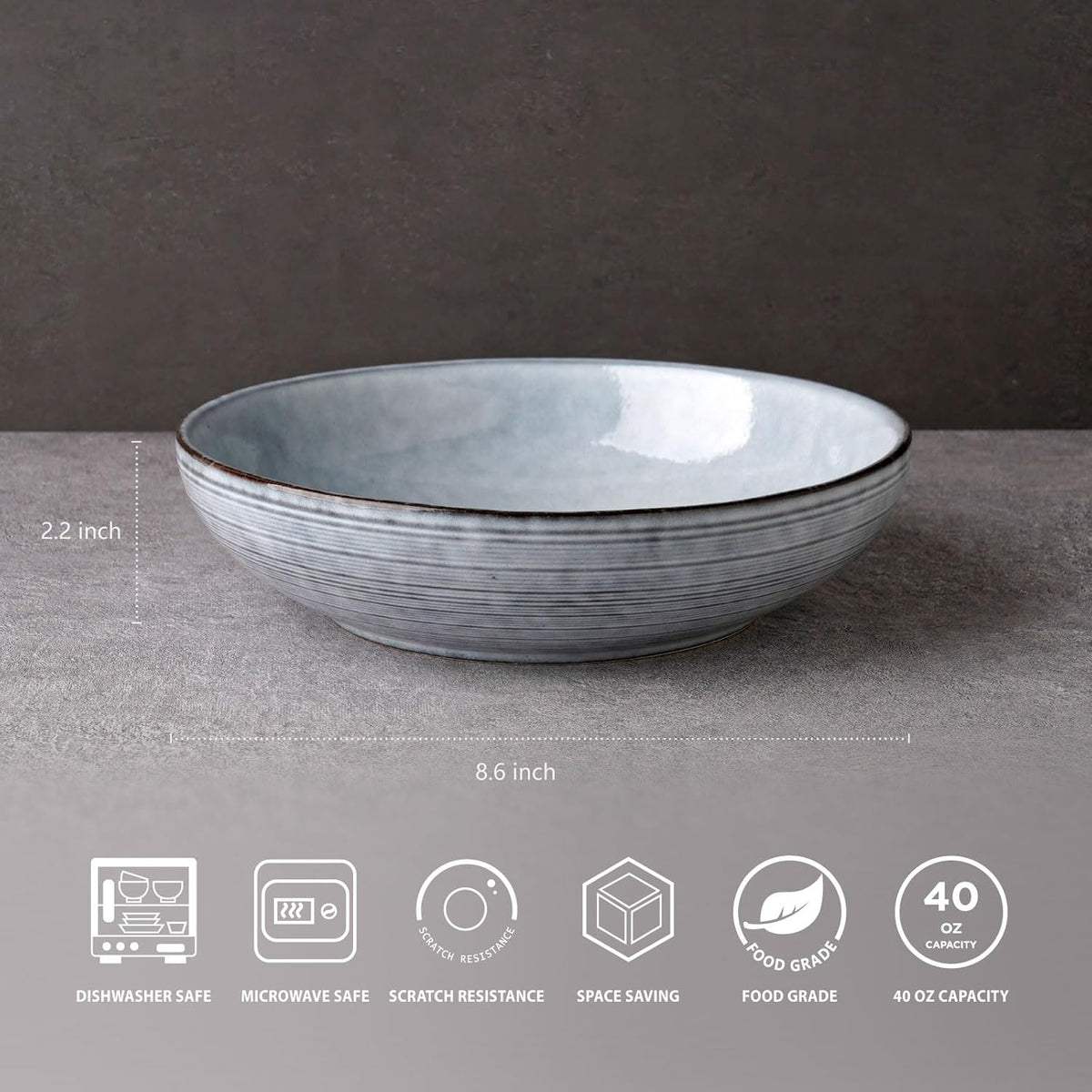 famiware Tempus Pasta Bowls Set of 4, 40 oz Bowls for Kitchen, Stoneware Deep Serving Bowls, Dishwasher & Microwave Safe Bowls for Cereal, Salad, Soup, Dessert etc - Pearl Blue