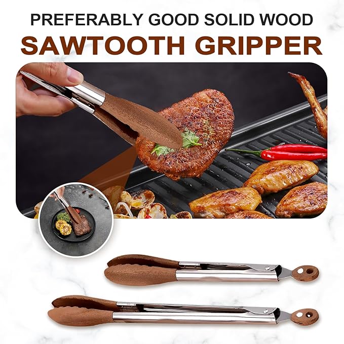 2 Pack Walnut Wooden Tongs For Cooking, 12 & 9 Inch Kitchen Salad Utensils Tongs with Hanging Hole and Wooden Tips, Stainless Steel Kitchen Barbecue Food Suitable for Salad