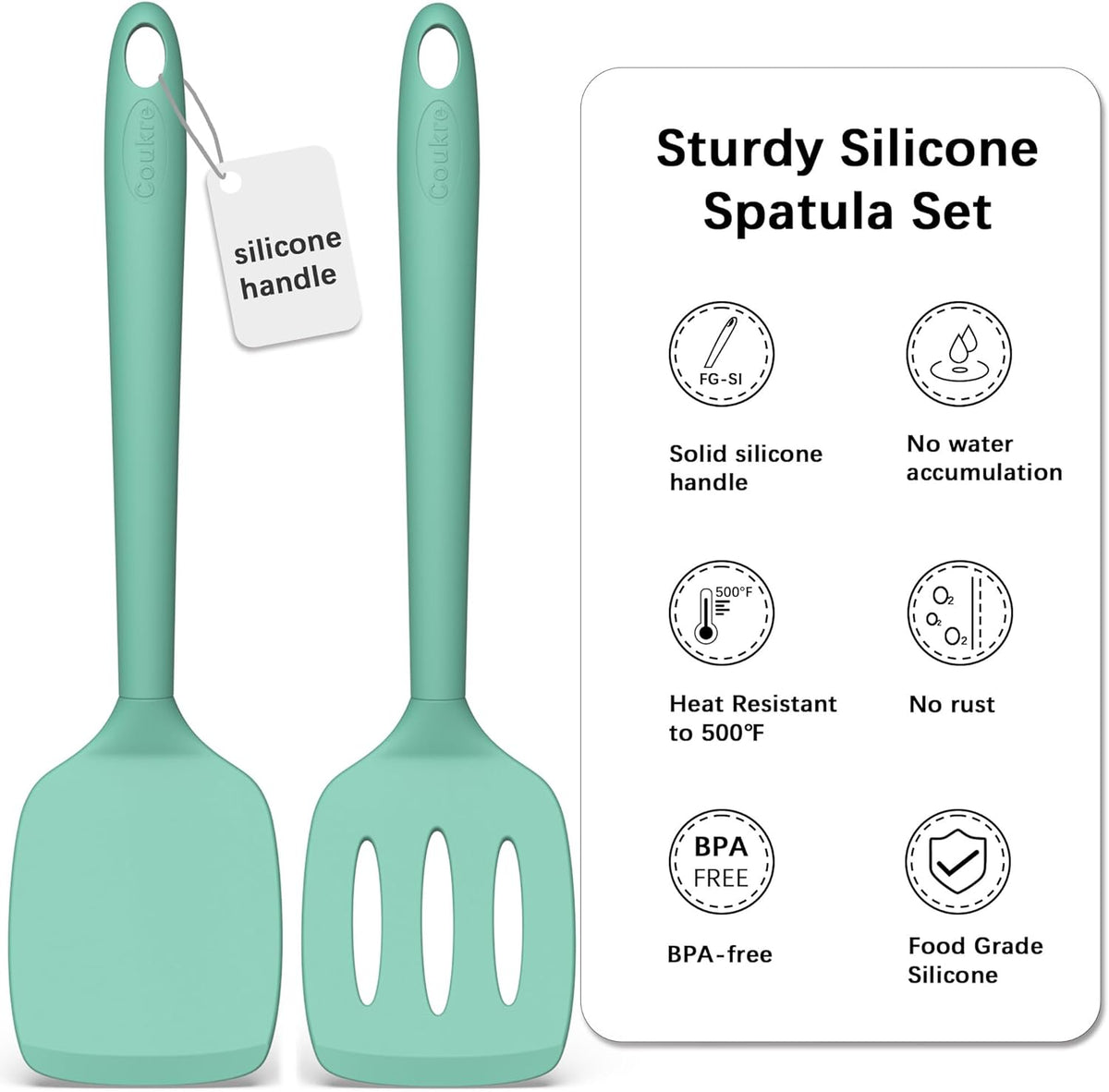 Coukre 2 Pack Silicone Spatula Set, High Heat Resistant, BPA Free Kitchen Spatula, Solid & Slotted Turner for Non-Stick Pans, Sautéing, and Flipping (2, PureAquaGreen)