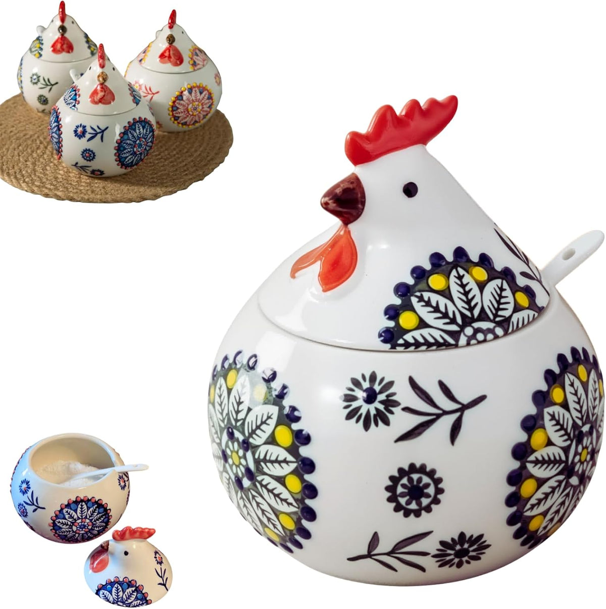 13.5 Oz Salt Cellar With Lid and Spoon (Green)- Ceramic Chicken Spice Jars for Salt, Sugar, Pepper - Spice Containers for Countertop
