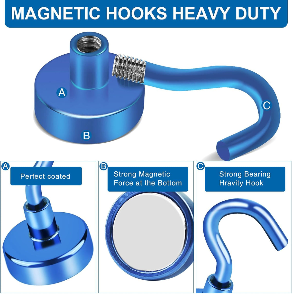 LOVIMAG Cruise Essentials, 40Lbs Blue Cruise Magnets, Magnet Hooks for Cruise Cabin,Strong Magnetic Hooks for Hanging Cruise Lanyard, Fridge, Ceiling, 6 Pack