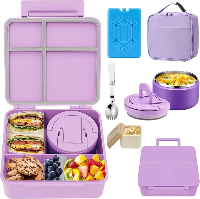 MAXSO Bento Lunch Box Set with 8 oz Soup Thermo, Kids Leakproof 4 Compartments Hot Food Container with Sauce Cup, Ice Pack and Lunch Bag, Child Insulated Food Jar for School - Purple