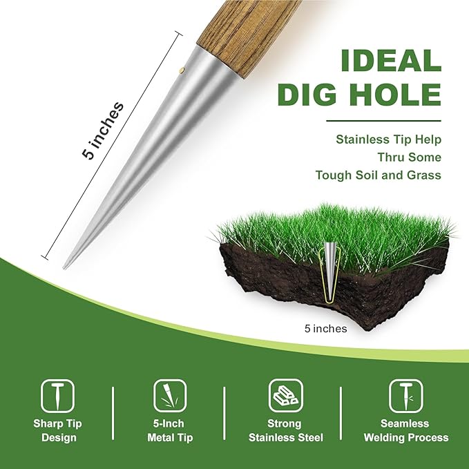 Haliaeetus Dibber Garden Tool, Stamped Stainless Steel Tip Seed Dibber, Smooth Splinter-Free T-Shape Wood Handle Dibbler with Comfortable Grip, 11'' Dibber for Planting Seed and Transplanting Seedling