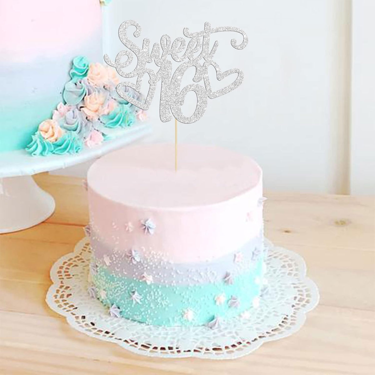Gyufise 1Pc Sweet Teenager 16 Cake Topper Glitter 16th Birthday Cake Pick for Cheers to 16 Years Old 16th Birthday Party Cake Decorations Supplies Sliver