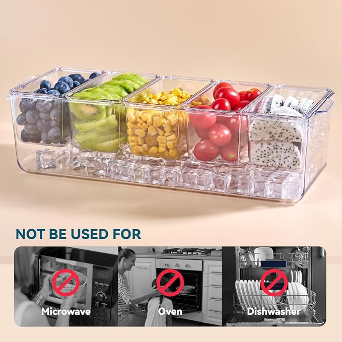 2 Pack Chilled Condiment Tray Server with 5 Containers and Removable Compartments, Large Ice Condiment Organizer, Clear Garnish Serving Platter for Kitchen, Fruit, Salad, Food, Bar Accessories