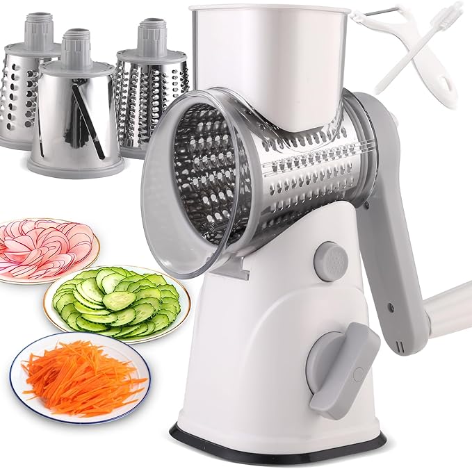 Rotary Cheese Grater Hand Crank, Kitchen Mandolin Vegetable Cheese Shredder with 3 Interchangeable Blades,Easy Clean Rotary Grater with Handle,Kitchen Grater Grinder for Cutting Cheese,Vegetable Nuts
