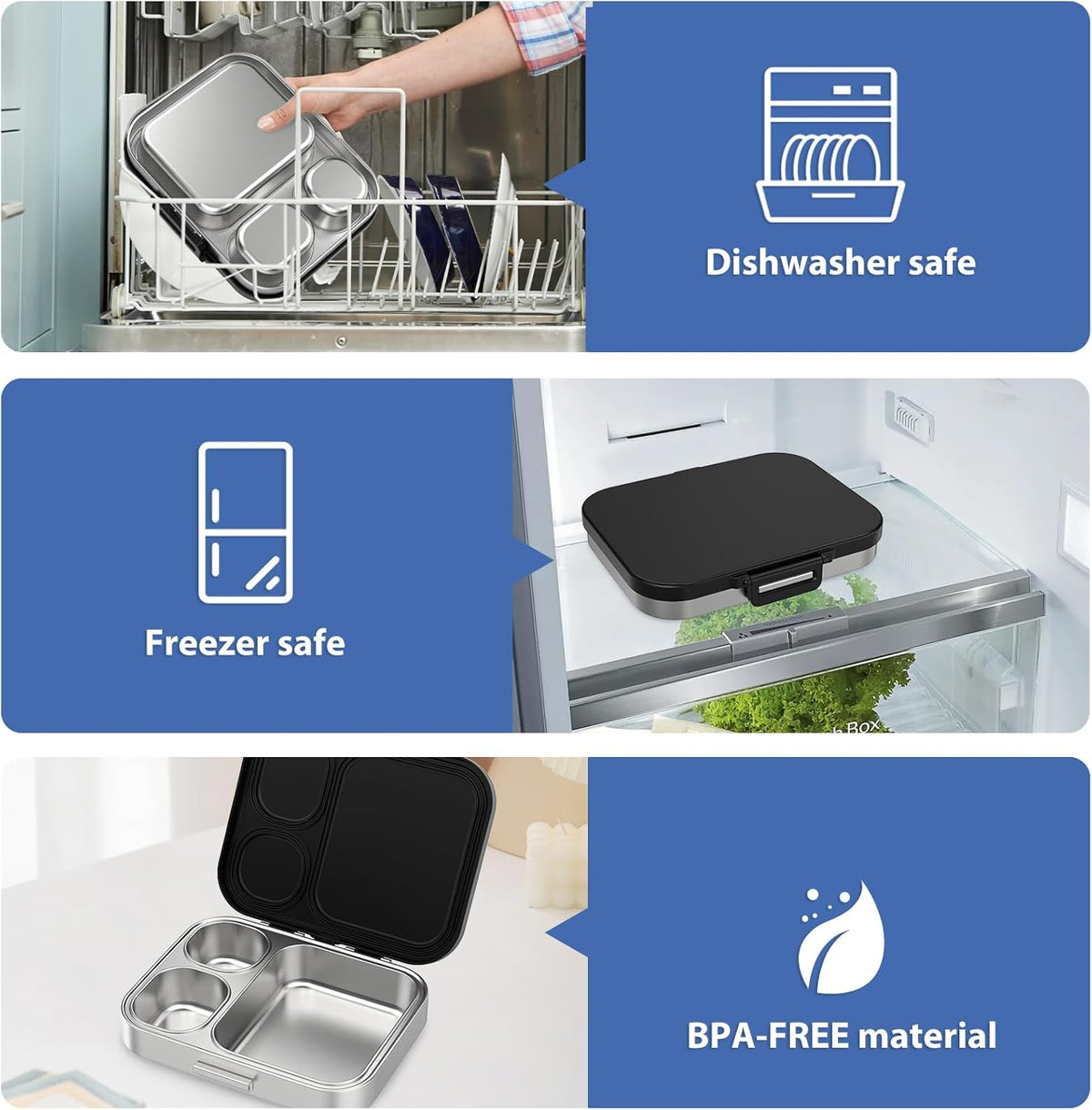 Stainless Steel Bento Lunch Box for Kids | 3-Compartment Lunch Box Container Kids | 100% Leakproof, Dishwasher-Safe, Eco-Friendly, Perfect Portion Control for Kids&Adult Healthy Meals (Black)