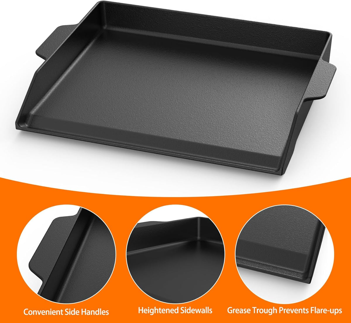 Onlyfire Universal Cast Iron Griddle for Gas Grills and Range Oven, Non-stick BBQ Flat Top Griddle with Handles for Outdoor Cooking, Tailgating, 18.6" × 14"