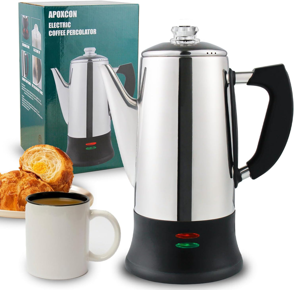 Electric Coffee Percolator Stainless Steel Coffee Maker with Two Heat Resistant Tough Glass Clear Brew Progress Knob Classic Look Keep Warm & Cordless Serving Coffee Pot 12 Cup