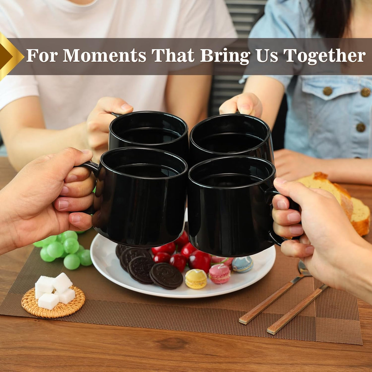 19 oz Large Coffee Mugs Set of 4, Stackable Ceramic Coffee Mugs with Large Handles for Coffee, Latte, Cappuccino, Milk, Dishwasher & Microwave Safe, Ideal for Men, Women, Dads and Moms (Black)