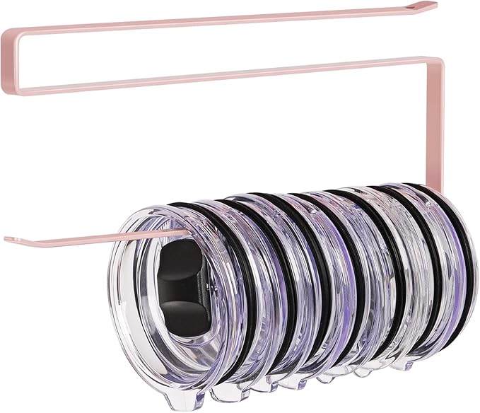 Tumbler Lid Organizer, Horizontal Tumbler Lid Storage Hook Up to 10 Lids, Space Saving Cup Lid Holders Under Cabinet Tumbler Lid Hook for Kitchen Organizer and Storage, Paper Towel Rack Hanger (Pink)