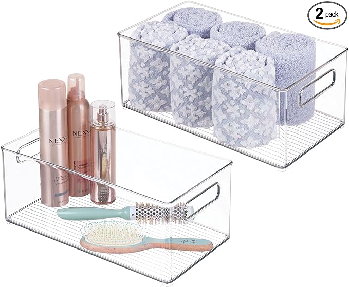 mDesign Deep Plastic Storage Organizer Container Bin, Bath and Shower Organization for Cabinet, Cupboard, Shelves, Counter, or Closet - Holds Shampoo, Vitamins, Ligne Collection, 2 Pack, Clear