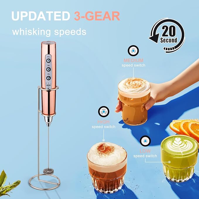 YUSWKO Rose Gold Handheld Milk Frother Wand with Stand for Coffee, Rechargeable Electric Whisk with 3 Heads 3 Speeds Drink Mixer Coffee Frother For Latte, Cappuccino, Hot Chocolate, Egg