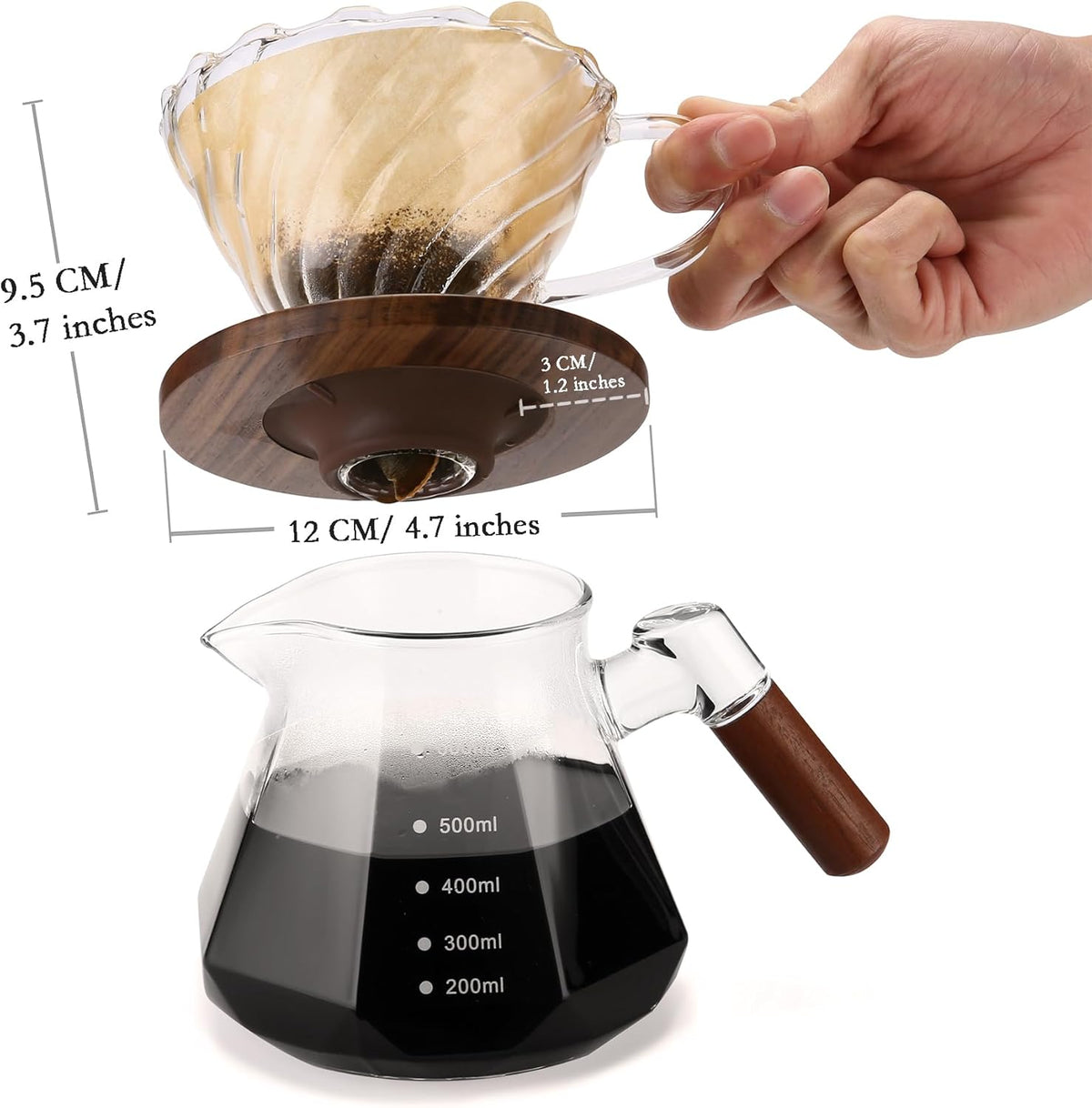 Pour Over Coffee Dripper with 100 pcs of Size 02 Paper Filter, Borosilicate Glass & Walnut Collar, Drip Coffee Maker, 1-3 Cups, Clear (Coffee Dripper)