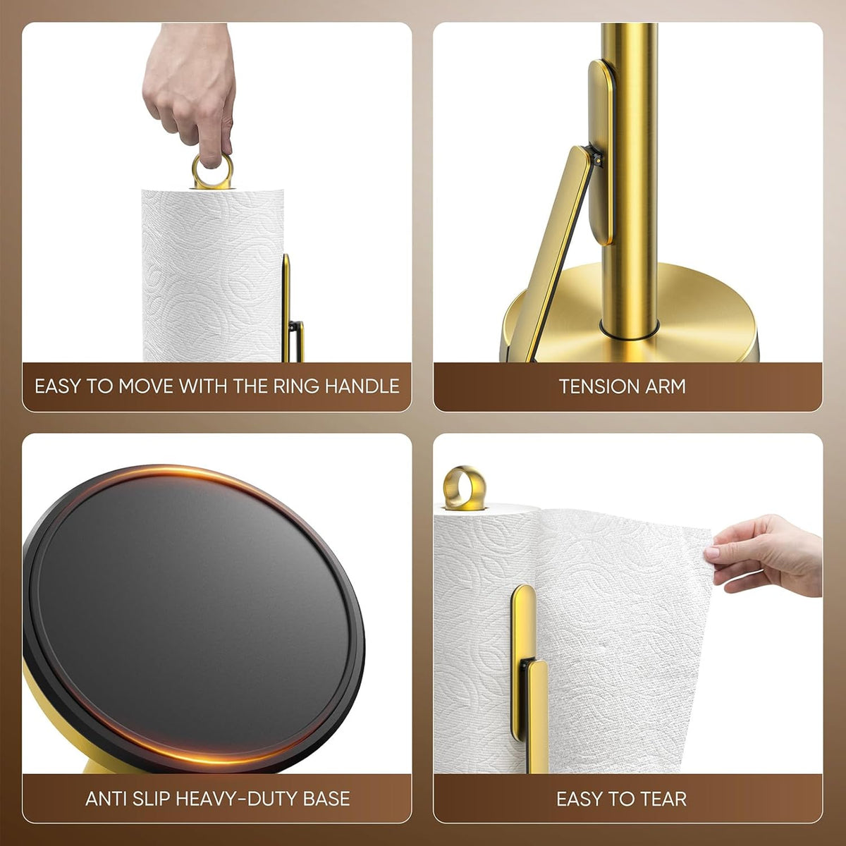 theaoo Heavy-Duty Stainless Steel Paper Towel Holder with Tension Arm – Easy One-Handed Tear, Modern Standing Countertop Dispenser for Kitchen, Holds All Paper Towel Rolls (1, Gold)