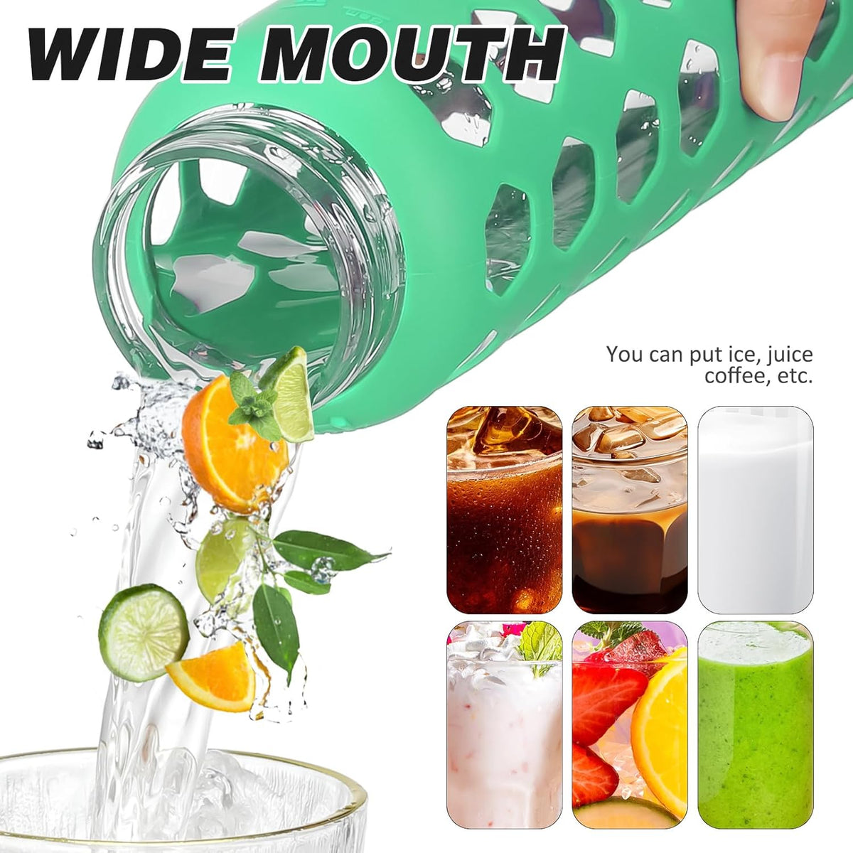 MUKOKO Glass Water Bottles, 24oz Glass Tumbler with Straw, Drinking Bottles with 2 Lids-Handle Spout Lid&Bamboo Straw Lid, Motivational Water Bottle with Time Marker and Silicone Sleeve, 1 Pack-Green