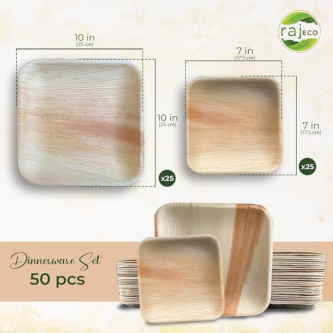Raj Palm Leaf Plates [50-Pack] 10"x25 7"x25 Square Plates like Bamboo plates Disposable, Decorative Compostable Tableware for wedding, Lunch, Dinner, Birthday, Camping, Outdoor BBQ, Picnic