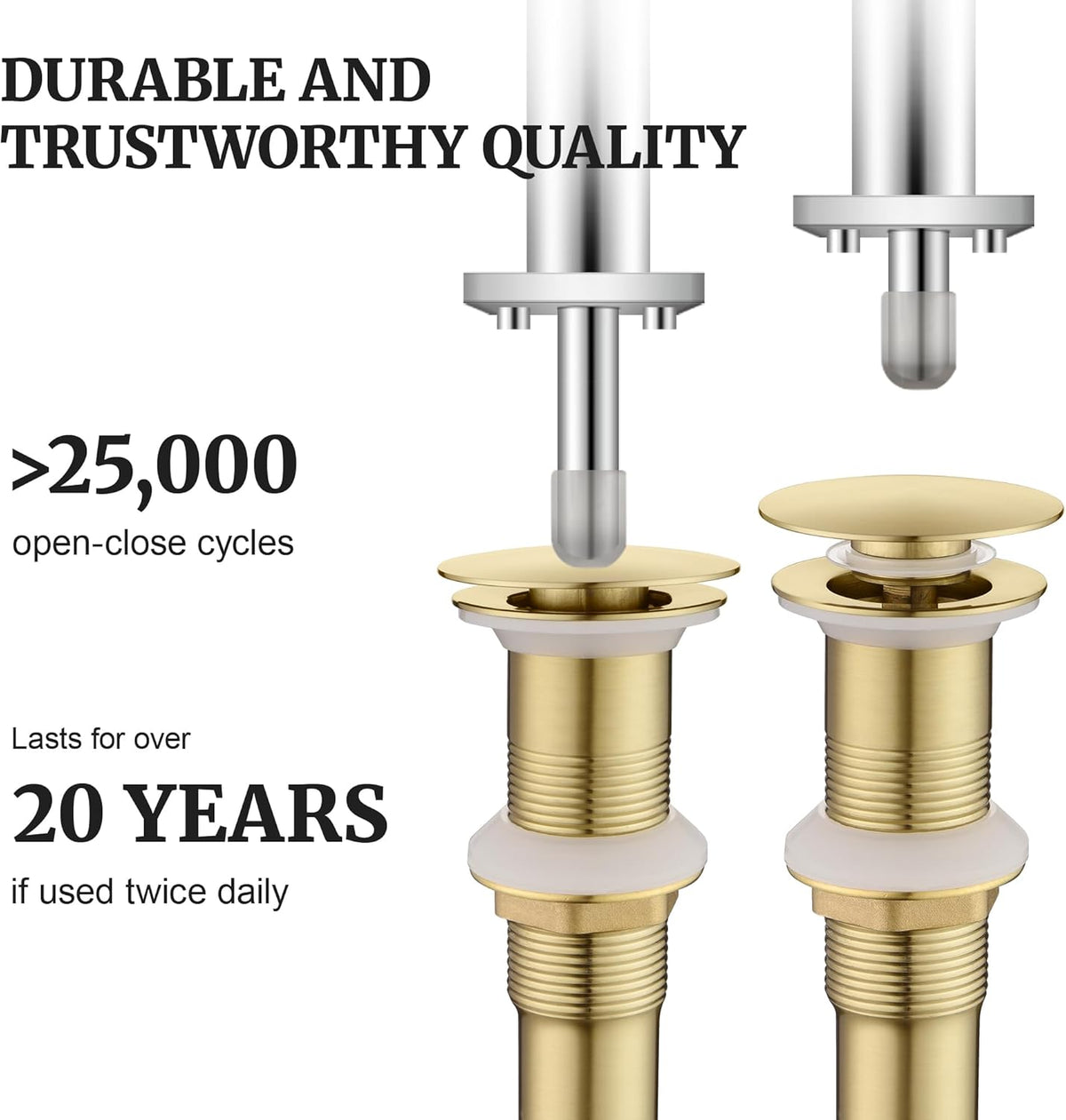 Pop up Sink Drain Stopper Without Overflow Brushed Gold for Bathroom Vessel Vanity Sink Art Basin, Big Cap Sink Drain Without Overflow, Metal Pop-up Drain Strainer with Detachable Basket Stopper