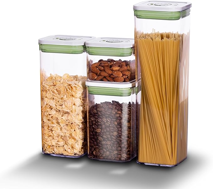 linoroso Set of 4 Pop Airtight Food Storage Containers with Date Recording Lids, Stackable Plastic Kitchen Storage Containers, Dry Cereal Container Set for Pantry Countertop Fridge Organization
