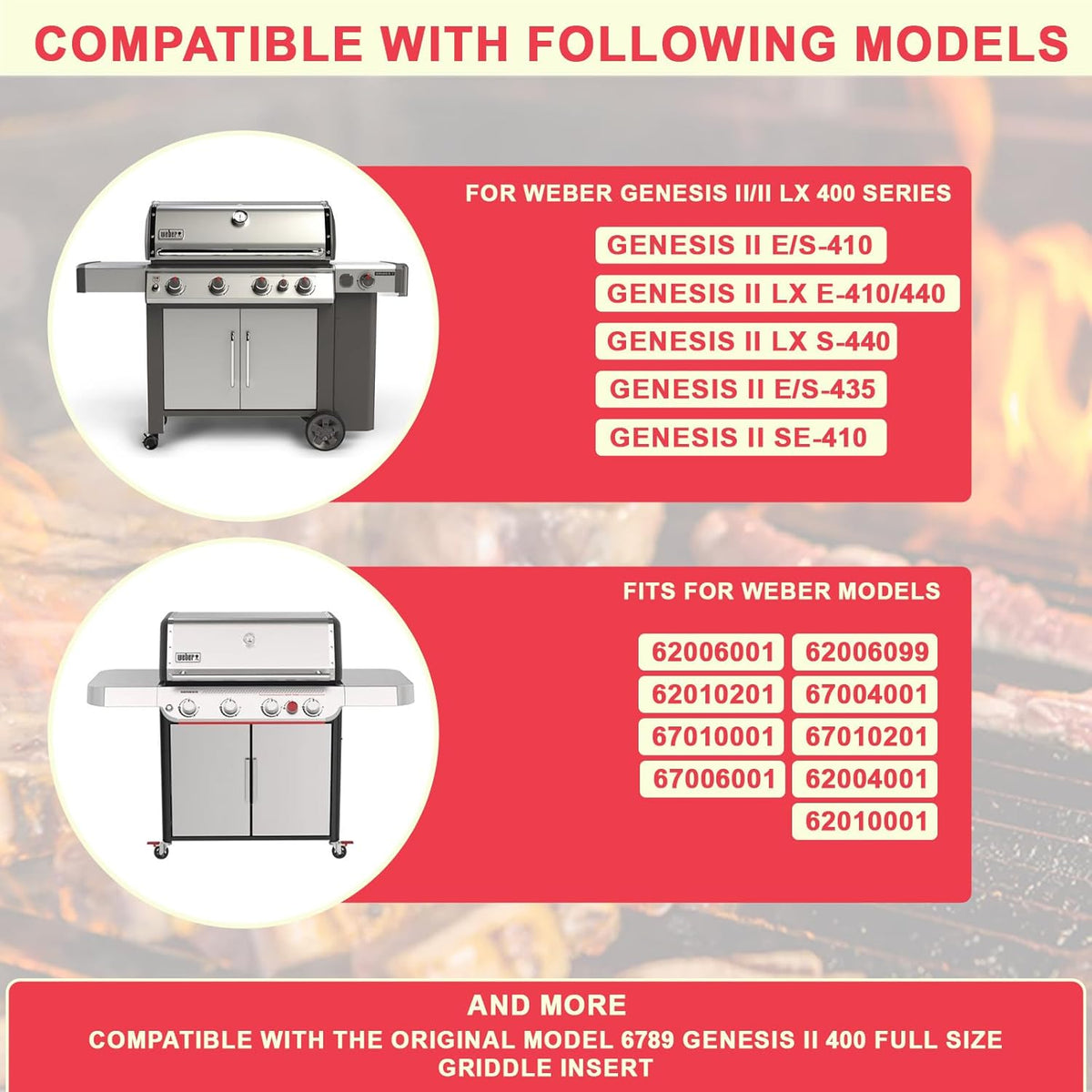 6789 Genesis II 400 Full Size Griddle Insert for Weber GS4 II 400 Series Grills Parts Genesis 2 E-410 S410 E-435 S-435 E-440 S-440 LX E/S-440 Flat Top Griddle with Handles, Carbon Steel for 66097