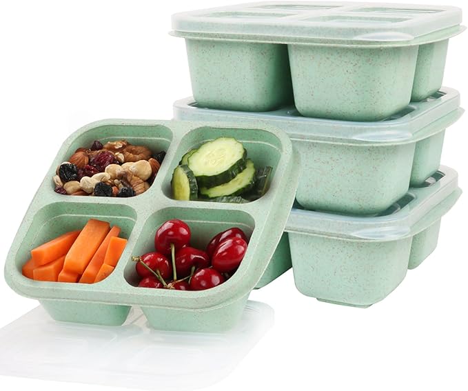 LCHLZZ 4 Pack Snack Box Containers, 4 Compartment Reusable Snack Containers with Lids, Microwave Dishwasher Safe, Divided Food Storage Lunchable Container for Work Travel (Green)
