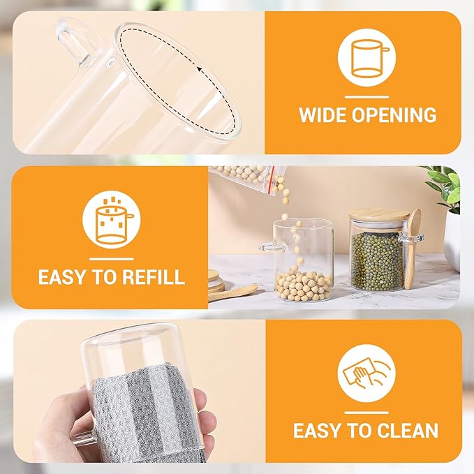 Glass Jar with Bamboo Lids and Spoons - 2 Pack 6 Fl.oz Airtight Round Glass Pantry Containers Set, Includes Labels and Marker, Food Storage Canisters for kitchen for Spice, Coffee, Sugar, Tea