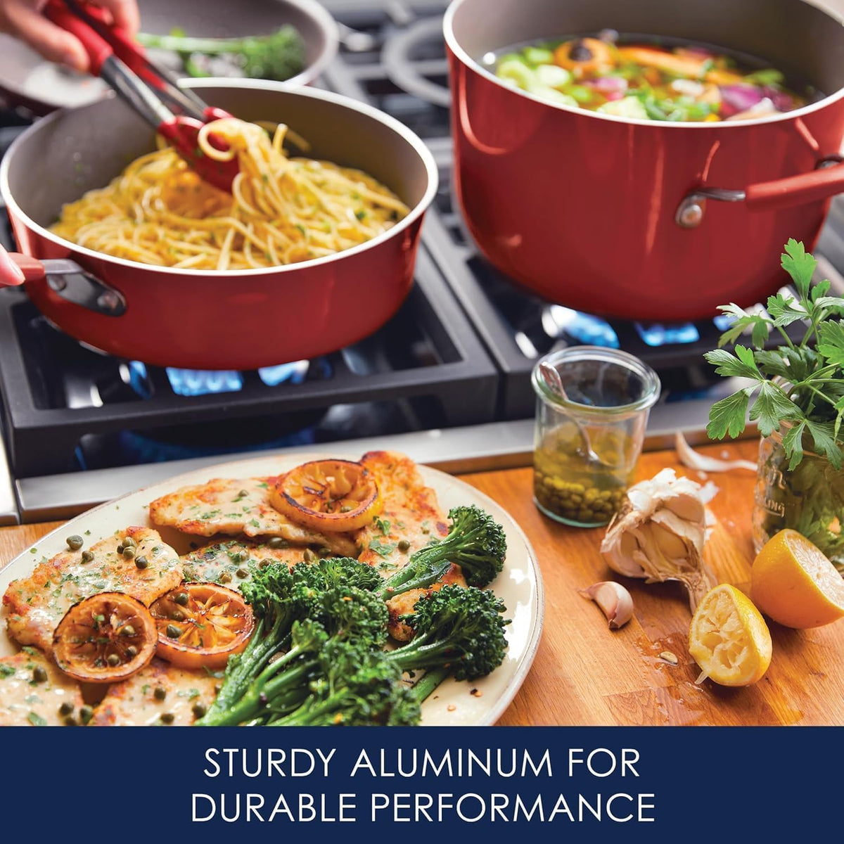 Rachael Ray Cucina Nonstick Cookware Pots and Pans Set, 12 Piece, Cranberry Red