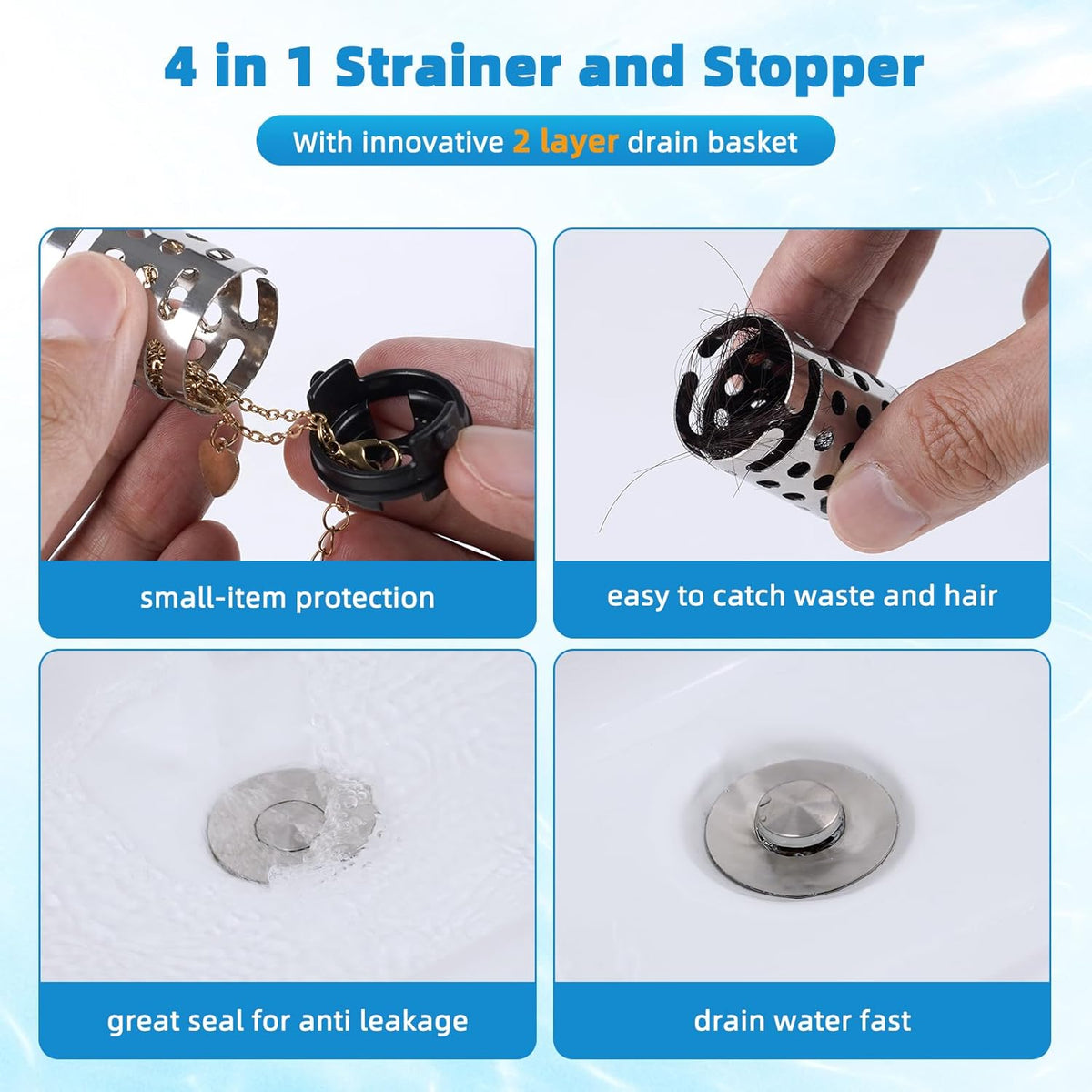 Universal Bathroom Sink Stopper Hair Catcher Upgraded with 2-Layer Detachable Filter Basket, 2PCS 4 in 1 Pop Up Drain Strainer, Anti-Clog, Odor-Block, Fit for 1.1''~2.36'' Sinks, Brushed Nickel