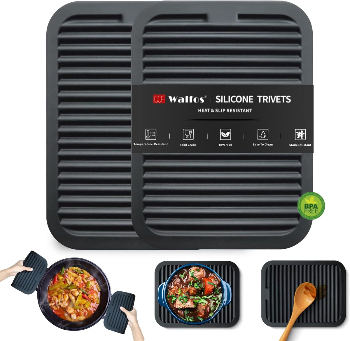 Walfos Trivets for Hot Dishes, Multi-Purpose Silicone Pot Holders, Hot Pads for Kitchen Hot Pots and Pans, Heat Resistant Silicone Mats for Kitchen Countertops, Non-Slip, 2 Pack, Black