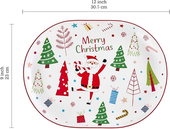 Bico Christmas Merry Crew Ceramic 16 inch plus 12 inch Ceramic Oval Platter, Set of 2, for Serving Turkey, Steak, Salad, Microwave & Dishwasher Safe