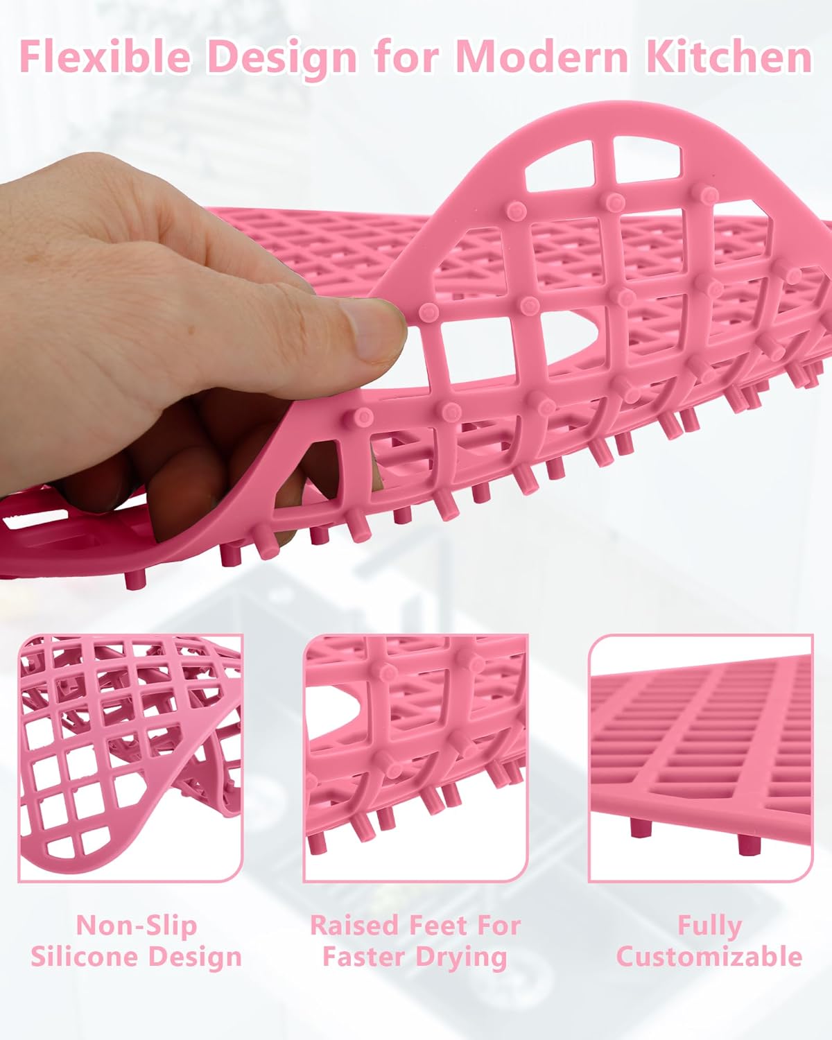 2 Pack Silicone Sink Protectors for Kitchen Sink, Lozenge Pattern 13 x 11 Inches Sink Mat, Non-Slip and Durable Sink Protector Silicone, Rear Drain, Pink