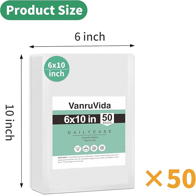 VanruVida 50 Count Vacuum Sealer Bags,6” x 10” Pre-Cut Pint Size,Commercial Grade Textured with Double Tear Notches,BPA Free,Food Storage Bags for Freezer, Meal Prep, or Sous Vide